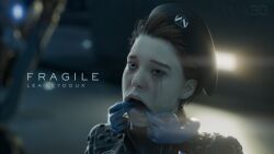 1440p 1boy1girl 3d 3d_(artwork) blender blender_(artwork) blender_(software) blurred_foreground blurry_background bubble cum_in_mouth death_stranding female_focus fragile_(death_stranding) hands_in_mouth human humanoid interface kojima_productions lilly_3d mascara_running mascara_smear mascara_tears mouth_forced_open nose_bubble open_mouth rubber_gloves rubber_suit surprised surprised_expression surprised_face user_interface video_game_character video_games