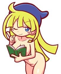 1girls 2025 big_breasts blonde_hair blue_eyes book book_covering_breasts breasts female furii_(artist) hat hat_only light-skinned_female light_skin long_hair naked navel nude nude_female ouch_meme puyo_puyo puyo_puyo_artstyle solo wink witch_(puyo_puyo) witch_hat