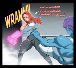 1boy 1girls accurate alien atom_eve big_breasts breasts giant_breasts gigantic_breasts hitting hitting_another huge_breasts invincible invincible_(comics) large_breasts plump_thighs shinhyunxi text thick_thighs thighs thunder_thighs
