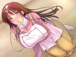 apron blush breast_hold breasts brown_hair collared_shirt cum cum_on_hair dead_or_alive eyebrows eyebrows_visible_through_hair facial feet female highres huge_breasts kasumi_(doa) kneeling long_hair long_skirt long_sleeves looking_at_viewer no_shoes parted_lips red_eyes skirt socks solo sweater yellow_skirt yoko_jyusuke