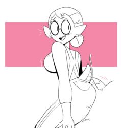 anthro ass blush breasts buttjob ear_piercing eyelashes eyewear faceless_male female gats glasses hair looking_back male penis piercing pointy_ears sally_(scalie_schoolie) scalie scalie_schoolie simple_background sketch small_penis smile solo_focus