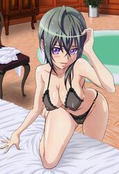 ahoge armpits bangs bare_shoulders bedroom blush breasts erect_nipples female green_hair kannagi_itsuki kneeling nipples open_mouth purple_eyes sideboob sora_wo_kakeru_shoujo sweat wet wide_hips