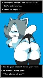 2017 anthro ass bent_over black_bars black_clothing black_panties black_underwear blush clothing clothing_pull dongitos english_text female fur grey_hair hair hi_res legwear letterbox panties panty_pull raised_tail solo tail tem temmie_(undertale) text text_box thigh_highs tongue tongue_out undertale undertale_(series) underwear underwear_pull wedgie white_body white_fur