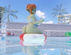 3d big_ass big_breasts bikini goblin_female image_set outdoors ovinaxu pool render rescue_buoy shortstack smiling winking_at_viewer