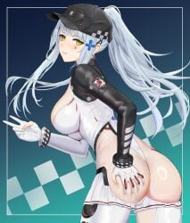 anoreika_tomoe arm_behind_back ass blue_hair blush bodysuit breasts closed_mouth cross expressionless facepaint female girls'_frontline girls'_frontline_2:_exilium gloves green_eyes hair_ornament hairclip hand_on_own_ass hand_up hk416_(girls'_frontline) huge_ass iron_cross klukai_(girls'_frontline_2) klukai_(speed_star)_(girls'_frontline_2) large_breasts leaning_forward long_hair looking_at_viewer looking_back ponytail see-through_bodysuit see-through_clothes sideboob smile solo teardrop v very_long_hair white_bodysuit white_gloves white_hair