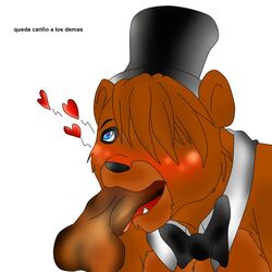 anthro balls bear blush bowtie disembodied_penis fellatio five_nights_at_freddy's freddy_(fnaf) furry furry_only hair_over_one_eye heart male male_only mammal mundo09 nude oral penis top_hat yaoi