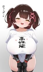 1female 1girls big_breasts blush breasts brown_hair brunette_hair ear_piercing female female_focus female_only hololive hololive_gen_0 hololive_japan huge_breasts japanese_text kani_bonara looking_at_viewer open_mouth open_smile petite petite_female petite_girl roboco-san shirt smile smiling smiling_at_viewer thighs twintails yellow_eyes