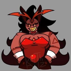 artzkeith black_hair bulge bunnysuit burning_spice_cookie cleavage cookie_run cookie_run_kingdom grin long_hair looking_at_viewer muscular muscular_male red_eyes sharp_teeth tagme