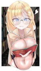 1girls belly_button blonde_hair blue_eyes book_covering_breasts breasts covering_breasts female female_only glasses hair_ornament heart hololive hololive_english hololive_myth huge_breasts indoors library ouch_meme round_glasses solo velo_(elov_kam/vlo/velomk001) virtual_youtuber watson_amelia