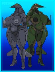 2girls aeromorph aircraft animate_inanimate anthrofied chubby duo f-16 f-5 female hand_on_hip huge_breasts living_aircraft living_machine protoskip simple_background thick_thighs