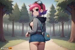 1girls ai_generated artist_name ass bag black_eyes blue_skirt breasts cowboy_shot day denim denim_skirt forest from_behind goggles goggles_on_head gradient_hair grey_hoodie hi_res hood hood_down hoodie long_sleeves looking_at_viewer looking_back medium_breasts miniskirt multicolored_hair nature no_panties outdoors pink_hair purple_hair ramona_flowers rule34lab scott_pilgrim scott_pilgrim_takes_off short_hair shoulder_bag sideboob skirt solo standing tree two-tone_hair