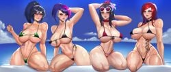 4girls akali badcompzero big_breasts bikini black_hair blush female female_only fiora_laurent irelia_xan katarina_du_couteau league_of_legends league_of_legends:_wild_rift looking_at_viewer pale-skinned_female pale_skin purple_hair red_hair riot_games six_pack sunglasses tattoo thick_thighs wet wet_body