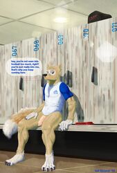 2018 anthro blue_eyes bottomless canine clothed clothing detailed_background dialogue digital_media_(artwork) dressing_room_(disambiguation) english_text fifa fluffy fluffy_tail fur hair hi_res looking_at_viewer male male_only mammal mascot muscular nude penis public russian_text shirt sitting smile soccer solo_focus sport sweat talking_to_viewer tall_lizzard_(artist) text thighs white_fur wolf yellow_fur zabivaka