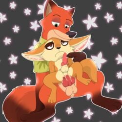 2boys anal anal_sex animal_genitalia anus balls black_nose bottomless brown_eyes canine claws clothed clothing cum cum_in_ass cum_inside disney ears_down fennec finnick fox fur gay green_eyes hindpaw kitshokat knot knotting male male_only mammal nick_wilde nude orange_fur paws penetration penis precum semi-anthro sex sitting smile spread_legs spreading yaoi zootopia