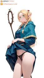 1girls ai_generated black_panties black_underwear blonde_hair braid braided_hair braids choker dress dress_lift dungeon_meshi elf elf_ears elf_female elf_girl embarrassed female green_eyes hair_ornament hairbow hairbow long_hair looking_at_viewer marcille_donato nnnyr panties robe robe_lift solo solo_female solo_focus stable_diffusion standing twin_braids visible_panties visible_underwear white_background