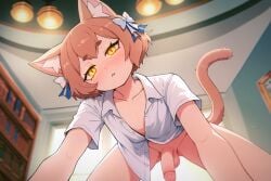 1boy ai_generated ap2-ai-artist brown_hair cat_boy cat_ears cat_tail felix_argyle femboy hairbow hi_res high_resolution male male_only naked naked_shirt nude otoko_no_ko penis re:zero_kara_hajimeru_isekai_seikatsu short_hair spread_legs testicles trap yellow_eyes