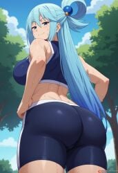 ai_generated airiakane aqua_(konosuba) backboob bare_thighs big_ass big_breasts big_butt bike_shorts blue_eyes blue_hair bubble_butt fat_ass gigantic_ass goddess huge_breasts huge_thighs kono_subarashii_sekai_ni_shukufuku_wo! light-skinned_female light_skin long_hair looking_back massive_ass massive_breasts nai_diffusion smiling solo_female squatting sweat sweatdrop thick_body thick_female thick_thighs thighs voluptuous voluptuous_female