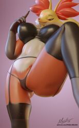 3d_(artwork) anthro bedroom_eyes big_breasts blender_(artwork) bra breasts clothing delphox digital_media_(artwork) female generation_6_pokemon genitals hi_res hiddenmask18 lingerie narrowed_eyes navel nintendo panties pokemon pokemon_(species) pussy raised_leg seductive solo spread_legs spreading translucent translucent_clothing underwear