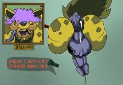 after_sex anal anal_prolapse anthro anus bodily_fluids bondage casual_exposure colored_cum crocodilian cum cum_drip cum_from_ass cum_in_ass cum_inside cum_while_penetrated dialogue dripping duo exhibitionism filthivore friends_with_benefits futanari gaping gaping_anus genital_fluids gynomorph hallion_the_hyaenodon hi_res hyaenodon hyaenodontid intersex intersex/male intersex_on_bottom intersex_penetrated kaprosuchus kieron_the_kaprosuchus male mammal on_bottom overweight penetration prehistoric_species prolapse public reptile ruined_anus scalie speech_bubble stuck through_wall unusual_bodily_fluids unusual_cum unusual_genital_fluids yellow_cum