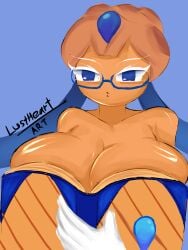 1girls big_breasts blue_eyes blueberry_pie_cookie book book_covering_breasts cleavage cookie_run cookie_run_kingdom glasses lustheartart meme ouch_meme self_upload tagme