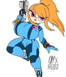 1girls ass ass background big_breasts big_thighs bodysuit breasts clothing color colored copyright_request cosplay eyelashes female female_focus female_only focused front_view fully_clothed gun hair hair_tie kiki_aubaren_(onyxtwilight) long_hair metroid nintendo onyx_twilight original_character peach_hair pink_eyes pink_eyeshadow ponytail pose shortstack simple_background skin_tight suit thick_thighs thighs tight_clothing weapon white_background zero_suit_samus zero_suit_samus_(cosplay)