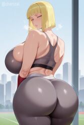 1girls ai_generated ass ass_bigger_than_head ass_focus bangs big_ass big_booty big_breasts blonde_hair blue_eyes blunt_bangs blush blushing_at_viewer blushing_female bob_cut booty breast_focus breasts_bigger_than_head chorizai eyelashes female_focus female_only half-closed_eyes kunoichi large_breasts light-skinned_female light_skin looking_at_viewer massive_breasts naruto naruto_(series) naruto_shippuden ninja rear_view samui sfw short_hair shorts smile smiling smiling_at_viewer solo_focus sports_bra sportswear sweat sweaty tight_clothing tight_pants training yoga_pants