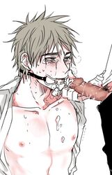 2boys blush bondage cum cum_in_mouth dental_gag drooling duo erection facial fellatio forced gag gay_domination kiyoshi_teppei kuroko_no_basuke male_only maledom malesub multiple_boys open_mouth_gag oral penis saliva sweat white_background yaoi