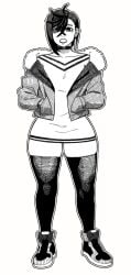 1girl 1girls ayase_momo black_and_white burnt_lewds choker choker_collar clothed dandadan ear_ring earrings female female_focus female_human female_only full_body fully_clothed hatching_(art) human incinerated_art jacket jacket_partially_removed legs legwear looking_at_viewer looking_back_at_viewer momo_ayase short_skirt skirt solo solo_female solo_focus solo_girl thick thick_hips thick_legs thick_thighs thigh_highs thigh_socks thighhighs thighs