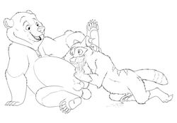 2boys animal_genitalia animal_penis anthro balls barefoot black_and_white brother_bear cum cum_from_mouth cum_in_mouth cum_inside cum_on_hand disney duo eye_contact fellatio gay kenai line_art long_penis male male_only mammal mizzyam monochrome nude one_leg_up open_mouth oral oral_penetration pendant penetration penis penis_grab precum raccoon raccoon_penis reclining semi-anthro sex sheath size_difference slightly_chubby smile spread_legs spreading yaoi