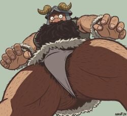 2024 beard body_hair bulge clothing delicious_in_dungeon facial_hair hi_res human humanoid humanoid_hands low-angle_view male mammal nanoff peeking_balls pubes senshi_(delicious_in_dungeon) solo thick_thighs underwear