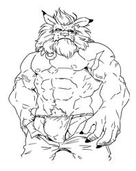 abs anthro biceps big_muscles blush bulge clothed clothing digimon feline fundoshi japanese_clothing leomon lion male male_only mammal monochrome muscular muscular_male pants_down partially_clothed pecs simple_background solo tetsuo_oshiba underwear white_background