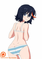 1girls ass_cleavage back_view blue_eyes blue_striped_panties bra butt_crack canon_panties female female_only ilhambritannia kill_la_kill looking_back matoi_ryuuko multicolored_hair panties shimapan solo solo_female striped striped_panties