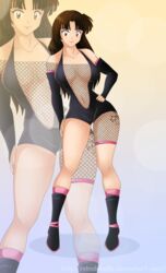 1girls artist_name big_breasts boots breasts brown_eyes brown_hair cameltoe clothed clothes eyeliner eyeshadow female fishnet hand_on_hip hand_on_hips highres inuyasha long_hair makeup navel pose posing sango shadako26 sideboob simple_background skimpy skin_tight solo standing tight_clothes tongue tongue_out