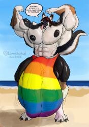 all_fours anthro balls beach big_balls big_muscles big_nipples big_penis black_nipples bodily_fluids canid canine canis clothing domestic_dog fist flaccid genitals hi_res huge_balls huge_cock huge_muscles hyper hyper_balls hyper_genitalia hyper_penis lgbt_pride liamjackal male mammal muscular nipples penis pride_color_clothing pride_color_flag pride_color_underwear pride_colors simple_background solo sweat tongue underwear