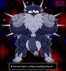 abs abstract_background absurd_res annaengine anthro areola arm_hair arm_tuft balls barazoku barefoot biceps big_areola big_balls big_breasts big_muscles big_nipples big_penis blue_body blue_fur blue_penis body_hair breast_tuft breasts busty_boy_(lore) butt_hair cheek_tuft chest_hair chest_tuft claws clothed clothing crossover digital_drawing_(artwork) digital_media_(artwork) ear_markings earthbound_(series) english_text espurr eyewear facial_tuft fan_character feet felid feline flaccid fluffy fluffy_balls fluffy_breasts fluffy_chest foreskin front_view fur fur_markings fusion generation_6_pokemon genitals glasses glowing glowing_body grey_areola grey_nipples gynomorph hair hairy_breasts hands_on_hips happy_trail head_tuft hi_res huge_areola huge_breasts huge_muscles huge_nipples humanoid_genitalia humanoid_penis ineffective_clothing intersex leg_tuft male_(lore) mammal markings multicolored_body multicolored_fur muscular muscular_anthro muscular_arms muscular_gynomorph muscular_intersex muscular_legs muscular_thighs nintendo nipples nude penis pokemon pokemon_(species) pose psychic psychic_energy psychic_powers pubes serious shoulder_tuft solo spread_legs spreading standing starman sunglasses text text_box toe_claws tuft two_tone_body two_tone_fur visor white_body white_body_hair white_fur white_hair white_pubes