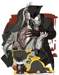 bleeding blood bloodborne boots brown_hair brunette_female brunette_hair clothed clothes clothing crossover dark_souls dominant_female female female_focus female_only fromsoftware gloves hand_around_waist hand_on_waist hat heart kissing lady_maria_of_the_astral_clocktower long_hair noireee96 nun nun_outfit scar scars scars_all_over sister_friede submissive_female suggestive undressing white_background white_hair yuri
