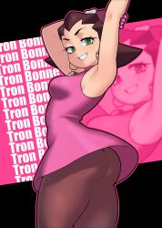 absurdres armpits arms_up ass brown_hair champchidi character_name dress earrings female gloves green_eyes grin highres jewelry looking_at_viewer medium_hair mega_man mega_man_legends_(series) pantyhose pink_dress pink_gloves skull_brooch skull_earrings sleeveless sleeveless_dress smile stretching thighs tron tron_bonne zoom_layer