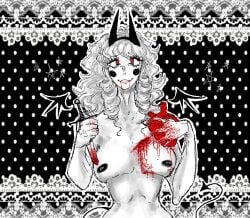 1girls black_and_white blood blood_in_mouth bloody_knife breasts demon_girl demon_tail female ghost_and_pals gore guro happy_days heart heart_eyes horns knife large_breasts monochrome ms_paint mv_character ringlets self-harm solo solo_female spiral_eyes white_hair white_skin