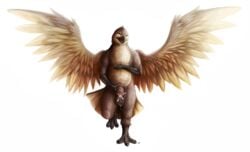 1boy animal_genitalia animal_penis anthro avian balls beak bird brown_feathers chibity closed_eyes cum equine_penis falcon feathers horsecock male male_only masturbation nude orgasm penile_masturbation penis simple_background smile solo standing white_background wings