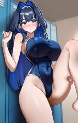 absurdres against_locker alternate_costume barefoot big_breasts black_hair blue_eyes blue_hair blue_one-piece_swimsuit blunt_ends blurry blush bow bow_earrings breasts colored_inner_hair commentary competition_swimsuit covered_navel depth_of_field earrings english_commentary female fingernails grabbing_own_thigh hair_intakes helldeer highleg highleg_one-piece_swimsuit highres hololive hololive_english indoors jewelry knee_up large_breasts long_hair looking_at_viewer multicolored_hair one-piece_swimsuit ouro_kronii paid_reward_available parted_lips school_swimsuit solo swimsuit taut_clothes taut_swimsuit thighs twitter_username two-tone_hair virtual_youtuber vtuber