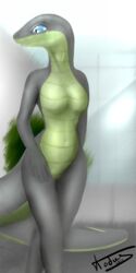 2016 anthro blue_eyes breasts emi female kodus nude outside pussy reptile scalie simple_background snake solo standing