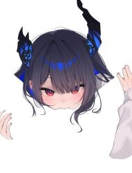 2girls absurdres black_hair blending commentary cunnilingus female_pov hand_on_another's_thigh highres hiroside hololive hololive_english horns implied_cunnilingus long_hair looking_at_viewer meme multiple_girls negative_space negative_space_cunnilingus_(meme) nerissa_ravencroft oral pov red_eyes sfw_illustration_(meme) silhouette simple_background virtual_youtuber white_background yuri