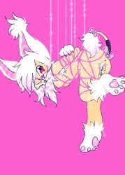 2024 4_toes accessory alternative_fashion anthro arms_tied big_ears black_nose bodily_fluids bondage bone_in_mouth bound bow_ribbon breasts canid canine canis chatoyancy chinese_crested_dog claws coontail_hair digital_drawing_(artwork) digital_media_(artwork) domestic_dog dripping ear_tuft feet female full-length_portrait fur furgonomics genital_fluids genitals hair hair_over_eye hairless hairless_dog hairy_vulva highlights_(coloring) hindpaw mammal nipples nonbinary_(lore) nude nude_anthro nude_female pawpads paws pink_background pink_bow pink_claws pink_highlights pink_inner_ear pink_nipples pink_pawpads pink_rope pink_vulva portrait red_eyes restraints ribbons rope rope_bondage rope_harness scene_(fashion) scene_haircut simple_background solo sparkles submissive submissive_anthro suspension tail tail_accessory tail_bow tail_ribbon tail_tuft tan_body tan_skin toes toy_dog tuft vaginal_fluid_drip vaginal_fluids vulva white_body white_ears white_feet white_fur white_hair