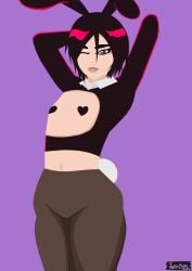 1girls ass black_hair black_hair_female bunny_ears bunny_ears_(cosmetic) bunny_tail bunnysuit clothed clothed_female female female_only flat flat_chest flat_chested gloves hands_behind_head heart-shaped_pasties heart_pasties looking_at_viewer nasty_byte navel no_sex pale pale-skinned_female pale_skin pantyhose pasties reverse_bunnysuit short_hair short_hair_female small_breasts sole_female thick_thighs wink winking winking_at_viewer woman_only