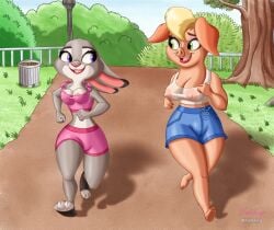 anthro areola areola_slip athletic_wear bottomwear breasts buckteeth camel_toe clothed clothing dazzlekong digital_media_(artwork) disney domestic_pig duo erect_nipples feet female fingers footwear fur grey_body grey_fur gym_bottomwear gym_shorts hi_res jogging judy_hopps lagomorph leporid lipstick looking_at_another makeup mammal mayor_swinton nipple_outline nipples open_mouth outside park pig plant purple_eyes rabbit shorts smile suid suine sus_(pig) teeth toes topwear translucent translucent_clothing translucent_topwear tree zootopia