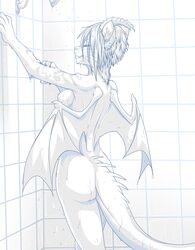 breasts chimera closed_eyes dragon feline female gable gable_(character) horn hybrid lion mammal restricted_palette shower solo water wings