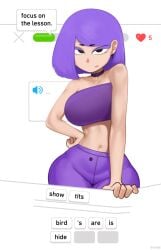 1girls 2025 big_breasts choker dialogue dryvial duolingo earrings english_dialogue english_text female female_only hand_on_hip jeans lily_(duolingo) midriff navel purple_hair solo solo_female text thick_thighs tubetop wide_hips