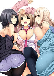 3girls arms_up ass asymmetrical_docking bare_shoulders black_hair black_legwear blonde_hair breast_press breasts brown_eyes brown_hair denim from_behind glasses huge_ass jean_shorts kazumu large_breasts legwear_under_shorts looking_at_viewer looking_back mole mole_under_eye multiple_girls open_clothes open_mouth open_shirt original pantyhose ribbed_sweater sandwiched shirt shorts simple_background sweater undressing wide_hips