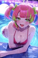 1girls ahoge akabino backlighting bare_shoulders bent_over bikini bow breasts cleavage commentary_request earrings facial_mark fang female front-tie_bikini_top front-tie_top green_eyes green_hair hair_bow halterneck heart highres hoop_earrings indie_virtual_youtuber jewelry large_breasts long_hair looking_at_viewer multicolored_hair open_mouth pink_hair poolside red_bikini sample_watermark side-tie_bikini_bottom smile solo spaghetti_strap string_bikini swimsuit tits toma_(vtuber) twintails two-tone_hair virtual_youtuber vtuber water watermark wet