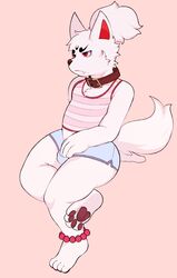 anthro barefoot booty_shorts bulge canine clothing collar crossed_legs cute_fangs eroborus fox frown kitsune_(ero) male male_only mammal midriff pawpads plantigrade shirt sitting solo tank_top